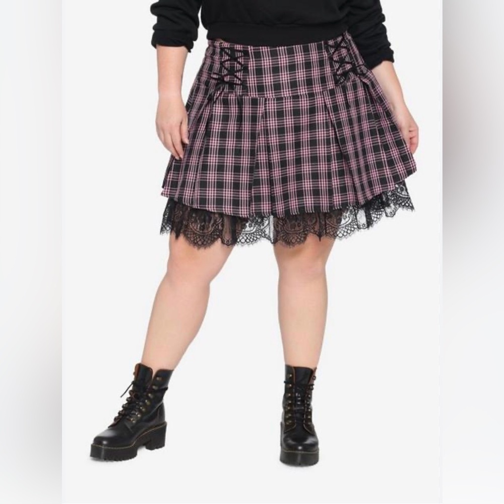 Hot Topic Pink and Black Plaid A-Line Skirt with Lace Trim
